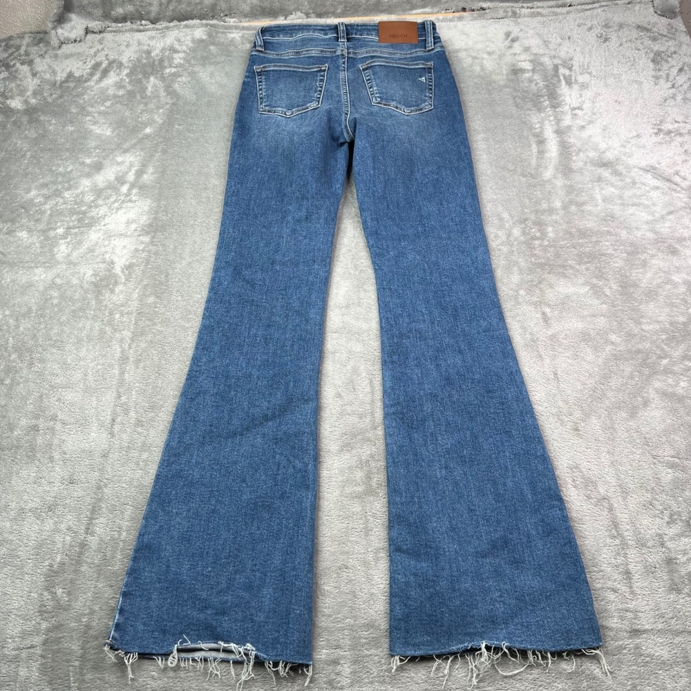 Hidden Jeans Flare Jeans Womens 25 Blue Solid Stretch Raw Hem Patch Pockets - Picture 2 of 14
